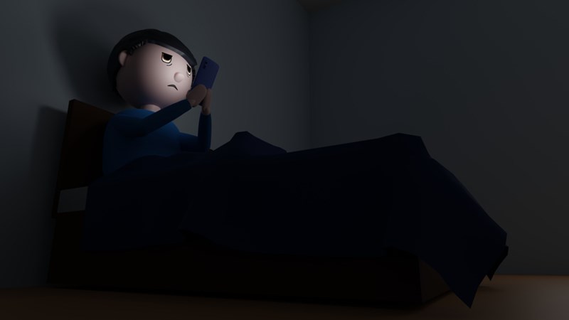 CARTOON MAN DOOMSCROLLING IN BED