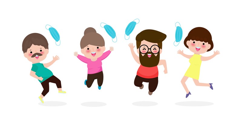 HAPPY PEOPLE REMOVE MEDICAL MASKS ILLUSTRATION