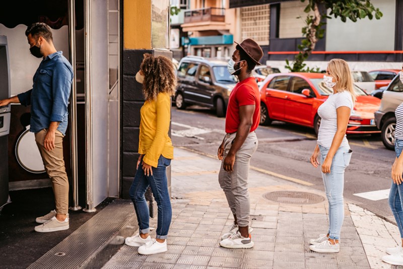 SOCIAL DISTANCING IN A LINE AT ATM